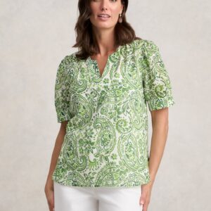 Ramie Cotton Blouse - Green Paisley Print